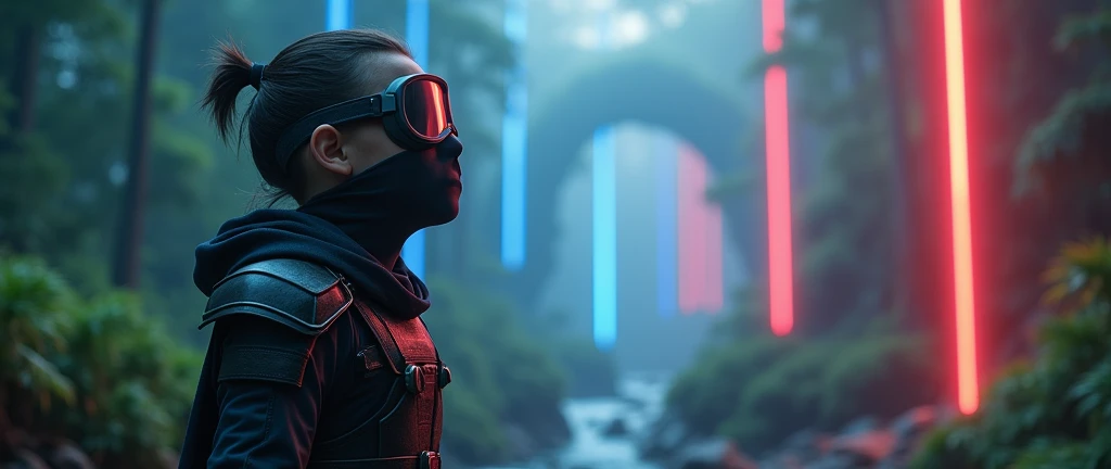 boy with a mask and black paintball goggles, tied hair, left arm with glove, right arm with armor, wearing black clothes, emanating red and blue rays, in a forest, looking at a galaxy, 4K, animation


