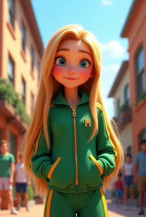 Disney Pixar inspired movie poster with tattle Marina the image girl 
Girl with long blonde hair and blue eyes in a green tracksuit girl
Girl go to the school 
Age girl 14 years