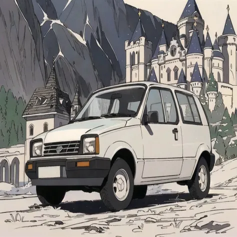 arafed white van parked in front of a castle with a mountain in the background,  prestige, kama russian electrocar, 1984, 1 9 8 4, 1982, 1 9 8 2, 1980, 1 9 8 0, 1985, 1 9 8 5, 1993