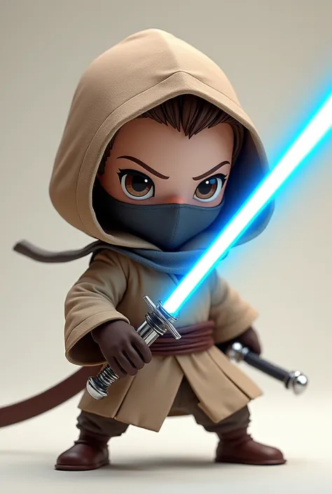 3d chibi style kenobi wan shinobi, in a sword-fighting stance, with a ninja mask, jedi robe, holding one blue light saber katana