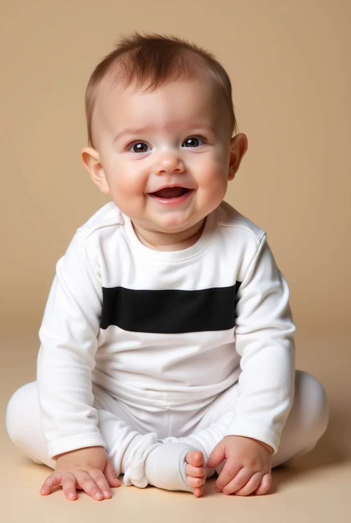 baby with white shirt with black stripe across
