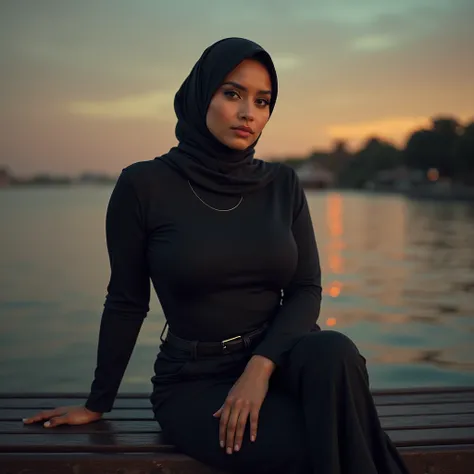 A beautiful indonesian woman, huge breasted, wear tight muslim casual clothes with hijab, flat shoes, sitting on the waterfront seat in the twilight. Sensual face expression, Realistic photography, natural light, look at the viewer, wide angle shot,
