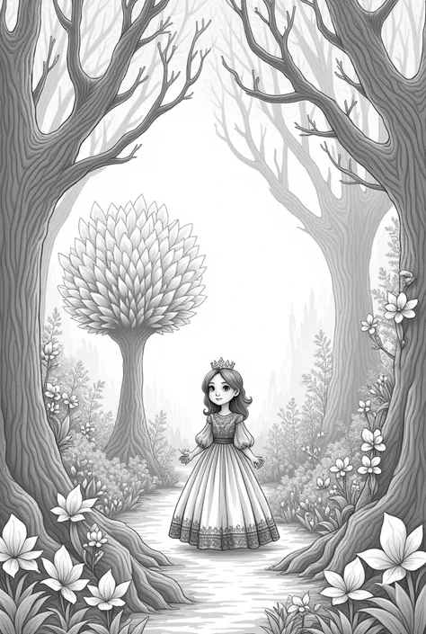  Uncolored drawing of a princess exploring an enchanted forest: With luminous flowers, Giant trees and perhaps a small animal companion. For children from 5 to  without color that has a crown without color Without color