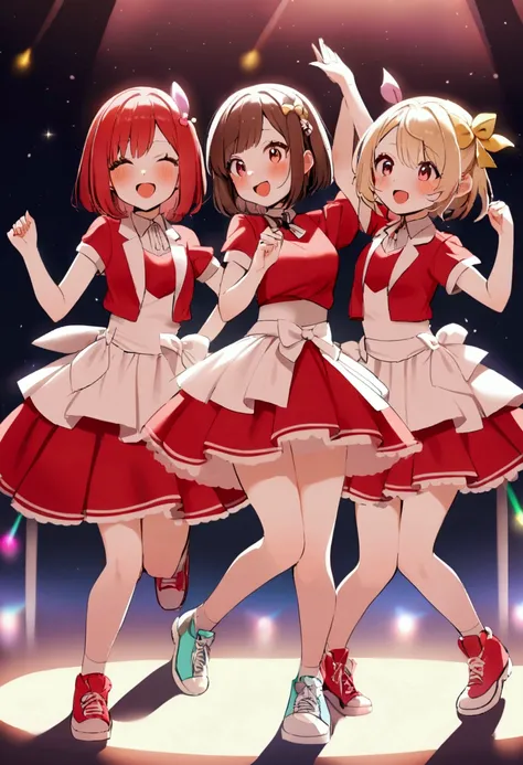 3 girls, sisters, overskirt, sneaker, red blouse, idol, , Dance, music, , short-hair, lolis, kawaii, Cutes, soft makeup.