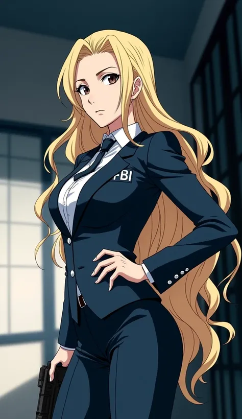 anime、One woman in her 20s、pumps、((whole body))、FBI、gun、holder、blonde、Long Hair、suit、rough