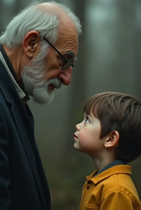 A child looking at a mirror or piece of furniture where his grandfather is seen in a suit and the child is colored with a blurred gray and yellow background 