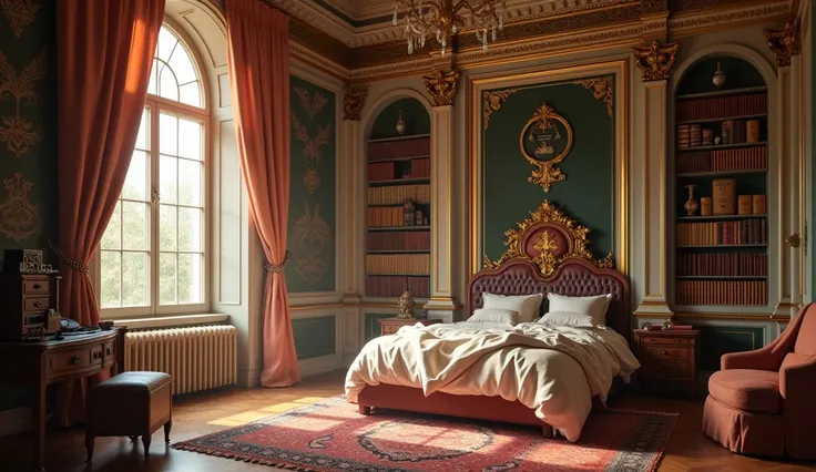 a baroque chamber that belongs to a teen in  silk tracksuit combined with track trousers with elegance style. in her chambers lays rows of bookshelf filled with musical score sheets and books, centre of the chamber is her bed lays with curtains, side of he...