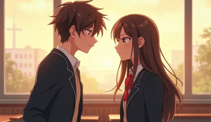 A high school boy and a high school girl、Talking in the classroom。There are only two of us in the classroom.。Two are friends。The two have brown hair, and the girl&#39;s hair is long and reaches down to her back.。It&#39;s daytime and the classroom is bright...