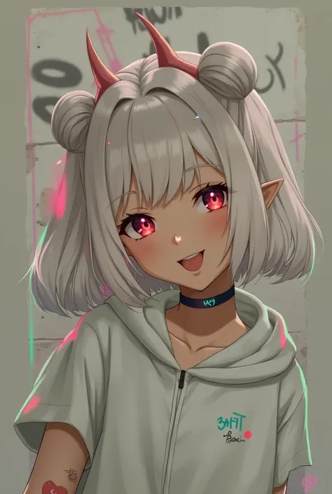 detailed background, masterpiece, best quality, smile, nakiri ayame, streaked hair, oni horns, white hair, twin buns, red eyes, smile, hoodie, portrait, neon, graffiti, dark, night, glowing eyes, blacklight