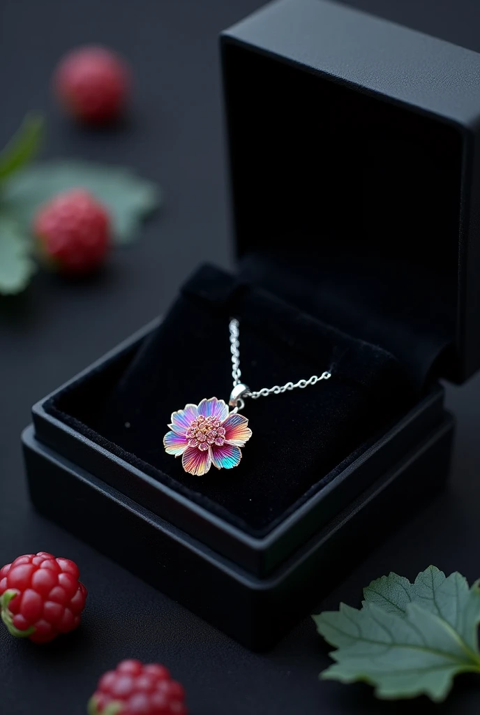 A black box containing a small, colorful hydrangea pendant necklace.
