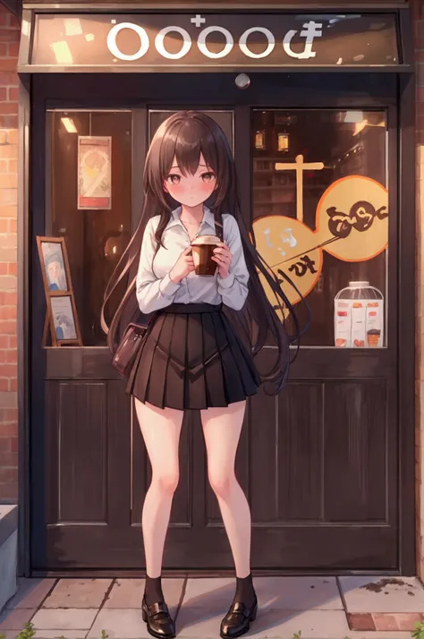 ((masterpiece,Highest quality, High resolution)), girl,Crouch,mini skirt,Panty shot,Absolute area,Thighs,Embarrassed,Evening outdoor,In front of the building,Stylish coffee shop