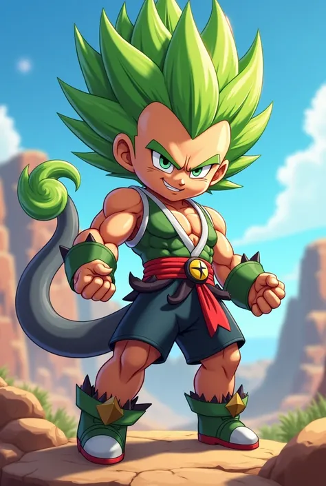 Spike de brawl stars de Dragon Ball Z: Une tenue de sayajin, une queue de singe et des cheveux épineux vert. Avec plus de trait de spike