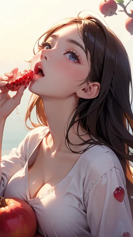 Beautiful girl opens her mouth wide and gives a blowjob to a pomegranate、Juice dripping from the mouth、The juice accumulates in my chest、(Looking into the camera、look up:1.5)、