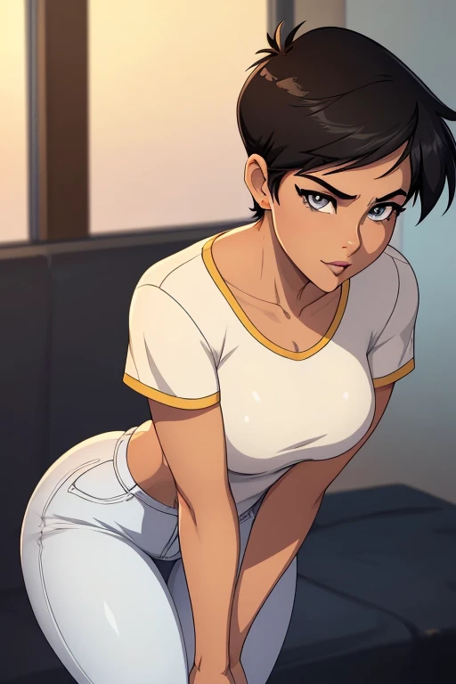 ((ultra quality)), ((masterpiece)), lois lane, short stature, ((black short hair tomboy hairstyle)), (beautiful face), (beautifu...