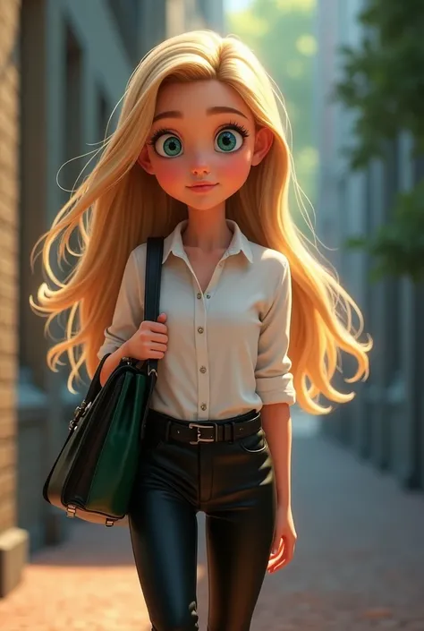 Disney Pixar inspired movie poster with tattle Marina the image girl 
Girl with long blonde hair and blue eyes in a white shirt and black pants and black and green portfolio
Girl go to the school 
Age girl 14 years