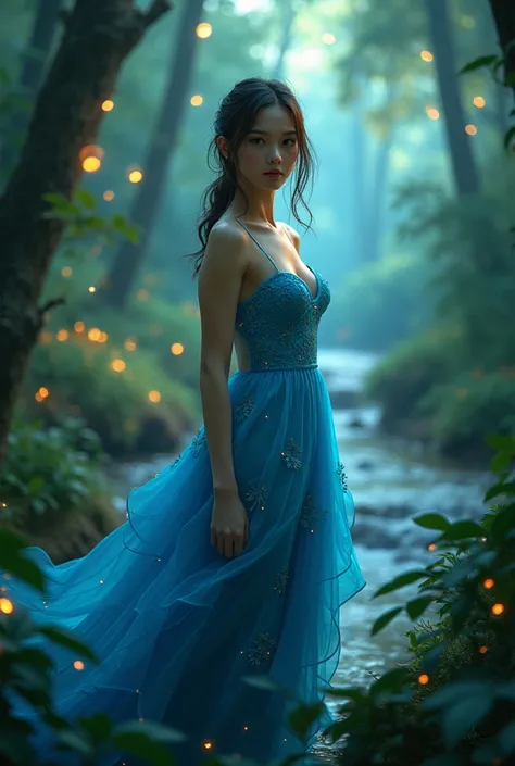 Full body of a beautiful young woman with a sharp face, looking at the camera, wearing a blue strapless dress with leaf patterns, fantasy colors, beautiful, exquisite, flowing, background of trees in the Himmapan forest, beautiful, lush and wonderful green...