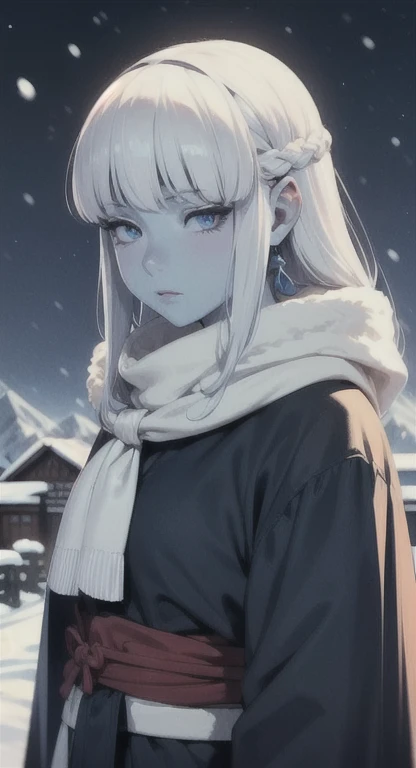 Young and sophisticated woman, long white hair, blank eyes, blue skin, Sheikah, ancient attire, model, snow, cold mountain village, 