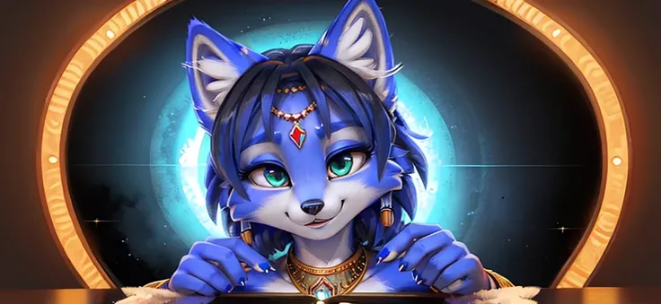 A beautiful and detailed (sweet portrait) wa ((krystal)), Star Fox Krystal, sslim, lovable, green eyes, medium breasts, (((Long blue hair 1.3))),  ((black hair tips)), Decollete, grin, look up,, anthro, furry, Uploaded E621, detailed fluffy fur, (wa Fluff-...