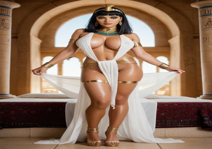 uraeus, photorealistic, detailed, cleopatra standing, front view, full body, mischievous face, beautiful face, looking at viewer, black straight bob hair, blue toenail polish, blue hand nail polish, short trimmed pubic hair, fit body, landing strip pubic h...