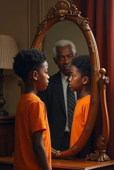 A boy in an orange shirt looking at a mirror that is part of a piece of furniture next to where his grandfather is seen in a suit and the boy is black 