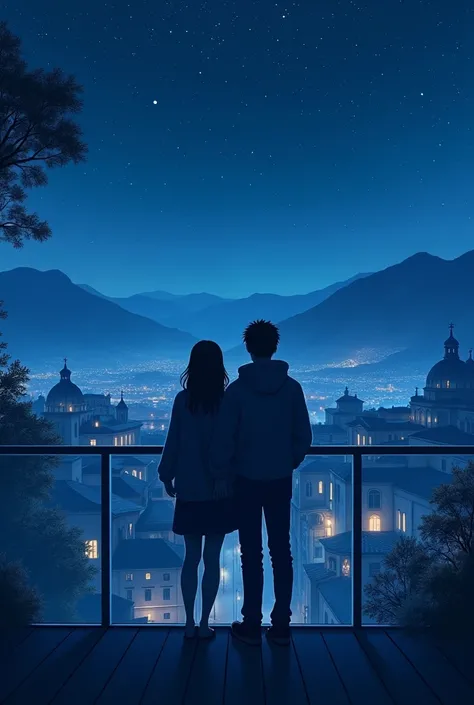 Create a scene, its night, there are many stars in the sky, there is a couple on a balcony overlooking an old city at night with mountains in the background and they are walking behind a transparent glass and there are beautiful blue colors