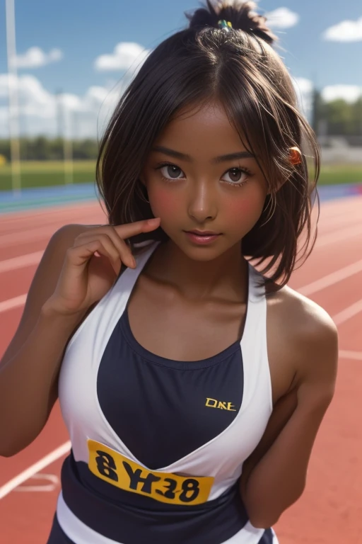 (((( one girl )))), Put your hand over your mouth、Beautiful breasts、 Brown eyes, ((Gal Hairstyles)) blonde, girl, (Eye and facial details:1.0), break, (masterpiece, Highest quality, Very detailed, Detailed face, 8k),( dark skin:1.8 ), (((( track and field ...