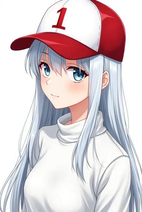 Anime girl with long white hair wearing a red trucker cap on the sides with the front white with the number 1 red and a closed cold sweatshirt up to the neck all white