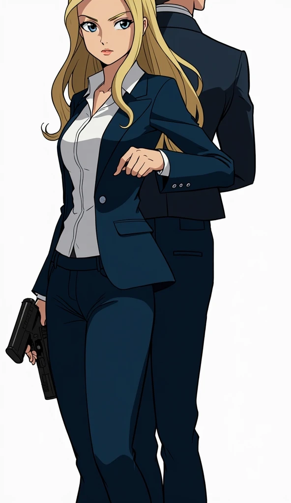 anime、One woman in her 20s、pumps、((whole body))、FBI、gun、holder、blonde、Long Hair、suit、rough