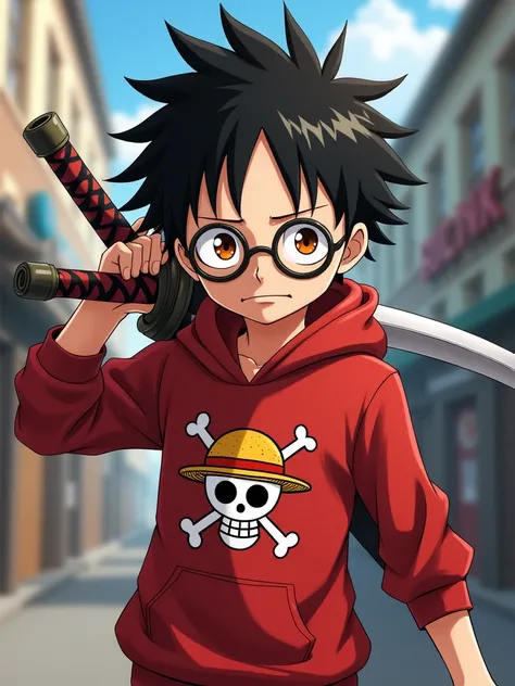 Black haired boy wearing a red sweatshirt with the One Piece logo and orange eyes in anime style with a sword on his back with glasses
 