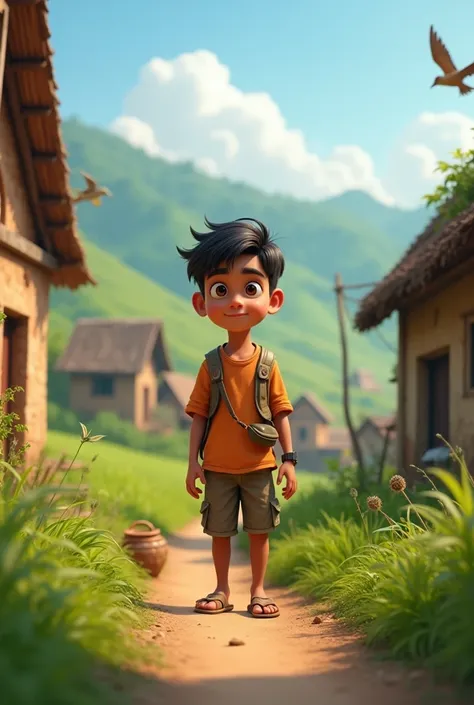 Generate 3d cinematic animated image of
A teenage boy named Arjun living in a small, quaint village surrounded by lush green fields and traditional houses."