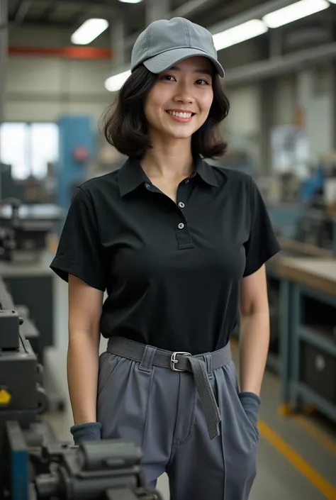 Large breasts　A dark-haired Japanese mature woman wearing a grey cap and a plain black polo shirt、（GI Belt）、Wearing large grey work trousers、Wearing work gloves, he operates machine tools in a factory.。Her movements are graceful yet、You can feel the precis...