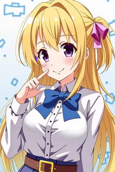 {{{{charlotte dunois}}}}, infinite stratos, medium yellow messy hair, dark purple eyes, blonde hair, medium breasts, low-tied long hair, {pink} hair ribbon,,{{infinite stratos academy school uniform}}, collared shirt, wing collar, blue neck bow, belt, ,1gi...