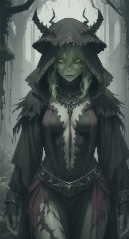 Overgrown hell life, orc priestess Vunxia, cracked skin, green skin, black veins, black blood,