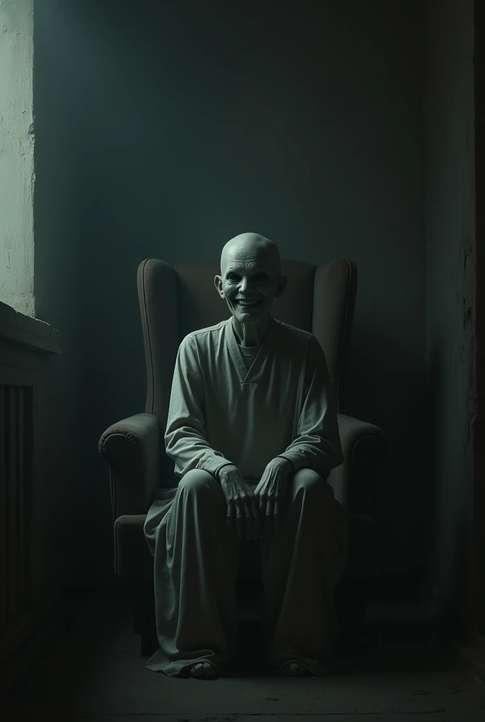 One with pale skin, sitting alone in a dark room, smiling in a disturbing way.