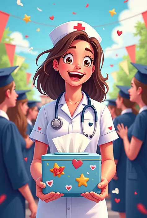 Generate me a cartoon picture of a newly grad nursing student in her uniform with a graduation ceremony background. Showcase a tissue box in a creative way