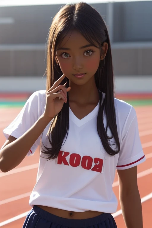 (((( one girl )))), Put your hand over your mouth、Beautiful breasts、 Brown eyes, ((Gal Hairstyles)) blonde, girl, (Eye and facial details:1.0), break, (masterpiece, Highest quality, Very detailed, Detailed face, 8k),( dark skin:1.8 ), (((( track and field ...