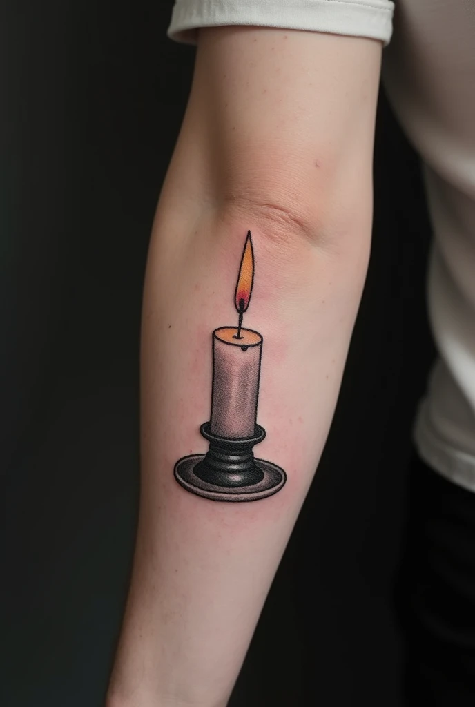 Create a very original tattoo for men just with the phrase (memento mori) and a couple of details around the phrase on the arm and that it is not so long down and that it has a candle
