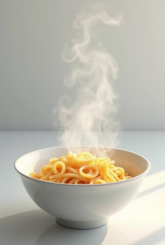 "Create a highly realistic image of a plain Maggie noodle dish. The noodles are slightly curled, with a light golden-yellow color, steaming gently. They are served in a simple white ceramic bowl, with no added ingredients or garnishes. The dish rests on a ...