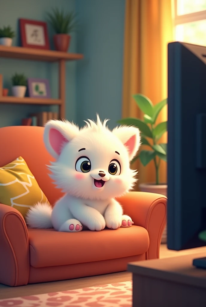 A cute white animated character is sitting on his sofa and watching tv but suddenly tv screen gone black.
