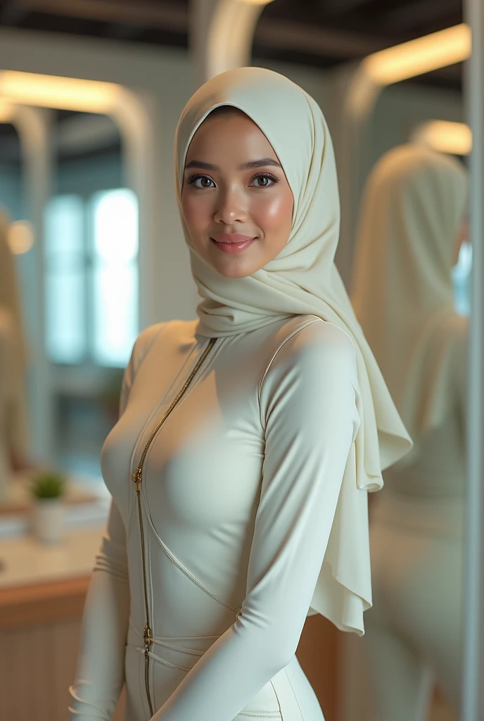 RAW, Best quality, high resolution, masterpiece: 1.8), enchanting Malay woman adorned in a flowing hijab, with mesmerizing, expressive eyes and a gentle, inviting smile. She wears a fitted, ethereal white long-sleeve shirt paired with delicate, form-huggin...