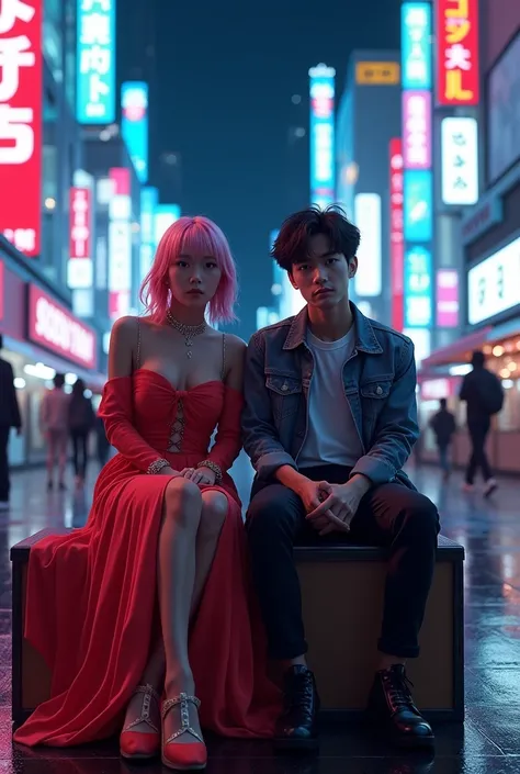 Rose of blackpink sitting with the streamer ishowspeed under the sky of night life tokyo
