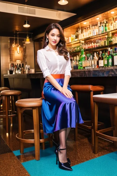 Colorful collared shirts、(Midi Skirt:1.3) 、(Full Body Portrait)、(silk pantyhose)、Both legs and high heels look beautiful.、1 girl、Perfect body,Two well-balanced legs、 Perfect hands, (Perfect Face, Perfect Eyes), Accurate,((Perfect Anatomy, Anatomically corr...