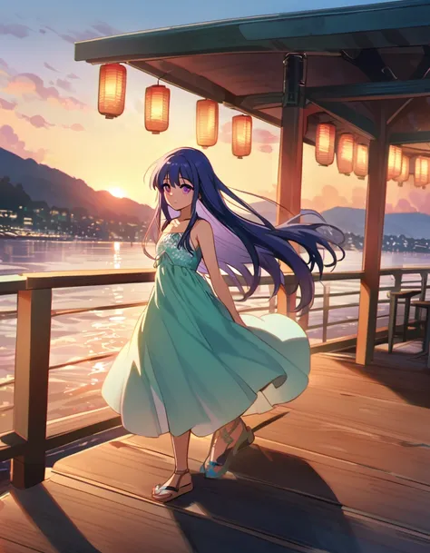 夏のpier, (rich pine), woman, alone, long hair, blue hair, purple eyes, green dress, , flat chest, sunset, pier, the sun goes down...