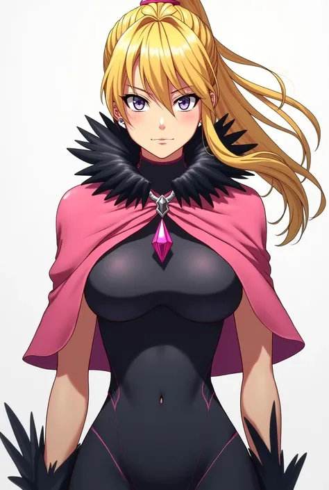 Slim, strong, tough, defined woman, yellow hair with ponytail, wearing a pink poncho with black feathers, wearing a plain sleeveless spandex jumpsuit, with a pink crystal earring set in the center of the chest, with an intimidating gaze, Anime Art