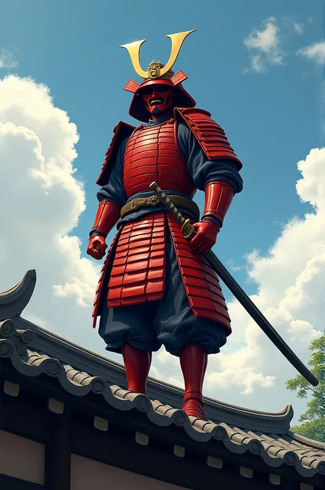 the red  samurai is on the japan house. he has katana sword.