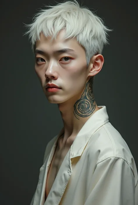 1 Chinese man Very handsome Fragile appearance, slim and thin body Spiral tattoos on the neck on the side Gray eyes, short white hair Snow-white skin Beautiful smile 19th century Realistic image


