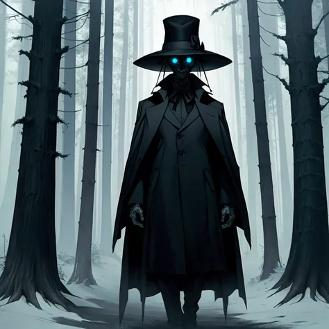 The image consists dark colors photograph of a figure in a hat and coat, standing in a dark forest. The figures face is obscured by the shadows, but their eyes are glowing white, creating an eerie and unsettling effect. the figure is a Bent-Neck with a big...