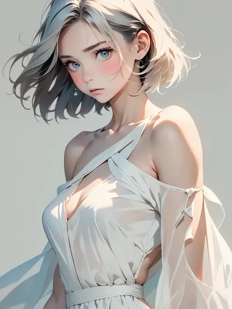 (Image from chest up:1.4)((masterpiece:1.5,Highest quality,Beautiful images、2.5D、Abstract、Artistic、Portraiture))(One girl, solo)(Cute Girls、large breasts, Gray Hair、short hair、Beautiful breasts、Off-the-shoulder outfit)(profile、Look at an angle、shake your h...