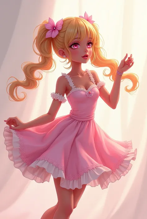 masterpiece), best quality, expressive eyes, perfect face vocaloid oc She has dark skin and pink eyes her strawberry blonde pigtails are long and curly she looks a little like hatsune miku she is dressed in a frilly pink dress and is singing a soft tune an...