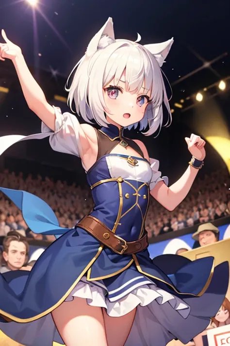 A small girl with short white hair and wolf ears is dancing in a medieval marketplace　The audience is mesmerized by the girl&#39;s dancing.